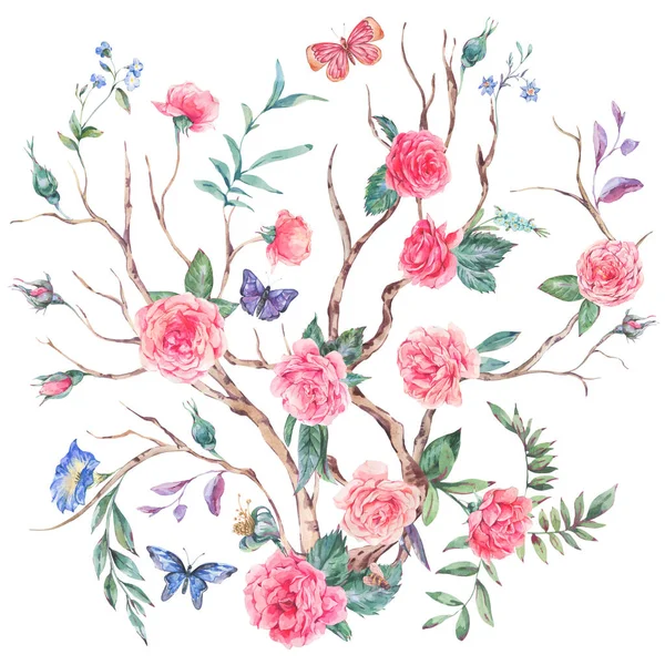 Aquarell Garten Rosenstrauß Blühender Baum Chinoiserie Illustration Isoliert Auf Weiß — Stockfoto