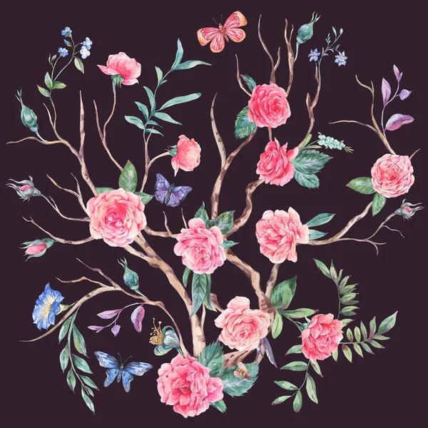 Akwarela Ogród Róża Bukiet Kwitnące Drzewo Chinoiserie Ilustracja Izolowana Czarno — Zdjęcie stockowe