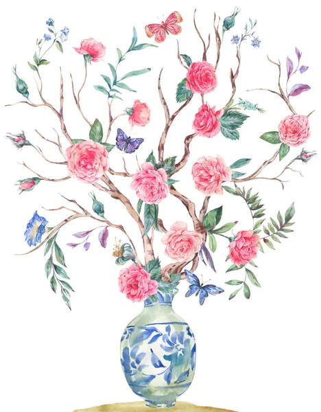 Watercolor Garden Rose Bouquet Blooming Tree Chinese Blue Vase Illustration — Stock Photo, Image