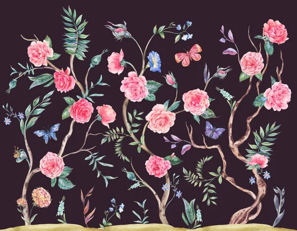 Υδατογραφία Κήπο Τριαντάφυλλο Μπουκέτο Ανθίζοντας Δέντρο Chinoiserie Εικόνα Απομονώνονται Μαύρο — Φωτογραφία Αρχείου
