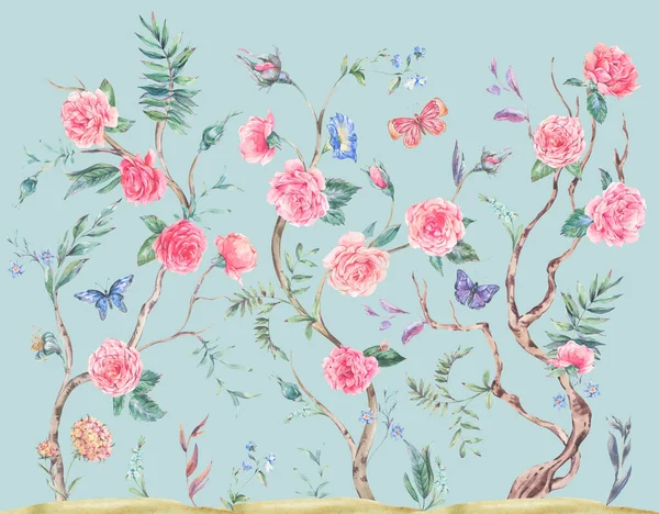 Ramo Rosas Jardín Acuarela Árbol Flor Chinoiserie Ilustración Aislada Azul — Foto de Stock