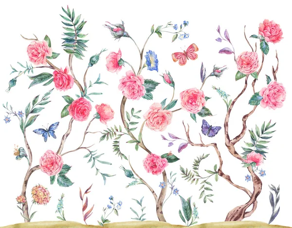 Akvarel Zahrada Růže Kytice Kvetoucí Strom Chinoiserie Ilustrace Izolované Bílém — Stock fotografie