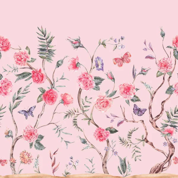 Akvarel Zahrada Růže Kytice Kvetoucí Strom Bezešvé Okraje Chinoiserie Květinové — Stock fotografie
