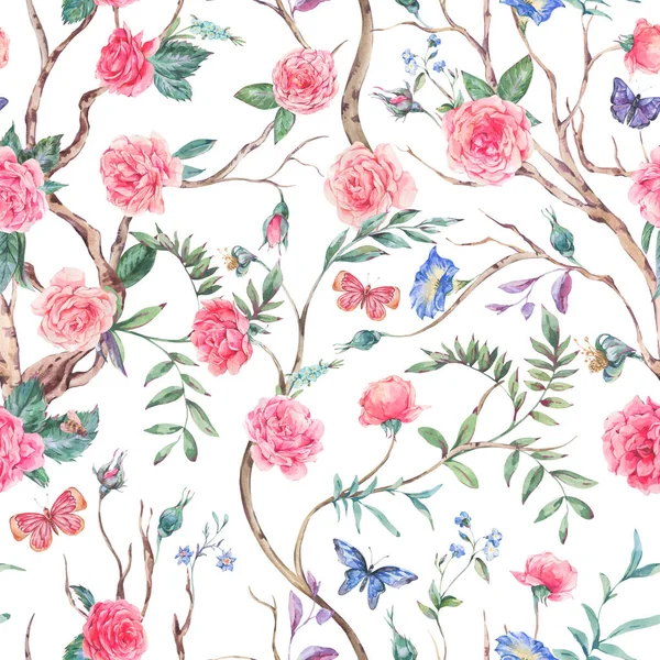 Akvarel Zahrada Růže Kytice Kvetoucí Strom Bezešvé Vzor Chinoiserie Květinové — Stock fotografie