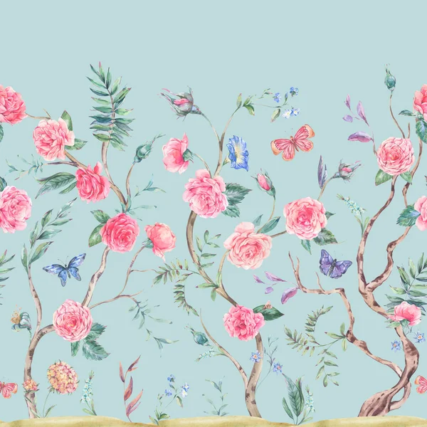 Υδατογραφία Κήπο Τριαντάφυλλο Μπουκέτο Ανθίζοντας Δέντρο Απρόσκοπτη Σύνορα Chinoiserie Floral — Φωτογραφία Αρχείου