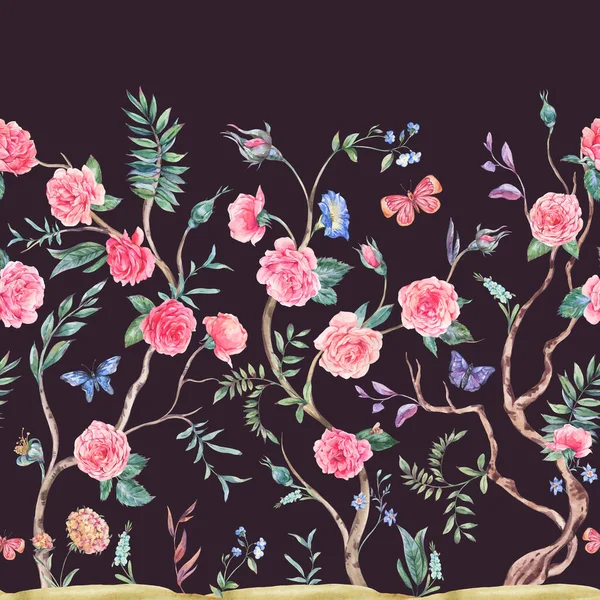 ウォーターカラーガーデンバラの花束 木のシームレスな境界線 黒のシノワズリーの花のテクスチャ — ストック写真