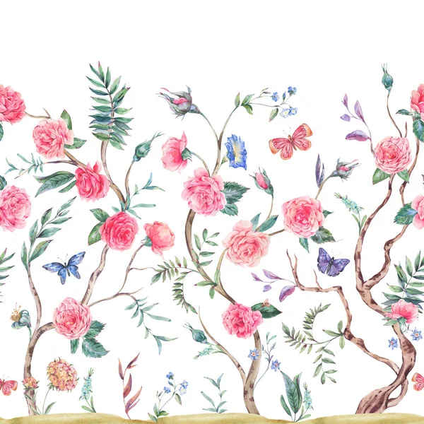 ウォーターカラーガーデンバラの花束 花の木のシームレスな境界線 白い上のシノワズリー花のテクスチャ — ストック写真