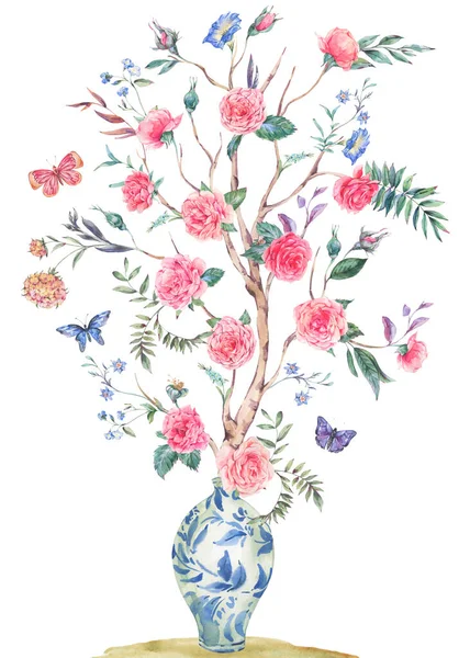 Aquarela Jardim Rosa Buquê Árvore Florescendo Chinês Vaso Azul Ilustração — Fotografia de Stock