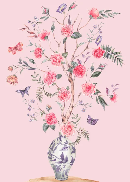 水彩花园玫瑰花束 盛开的树 中国蓝色花瓶插画 用粉色隔开 — 图库照片