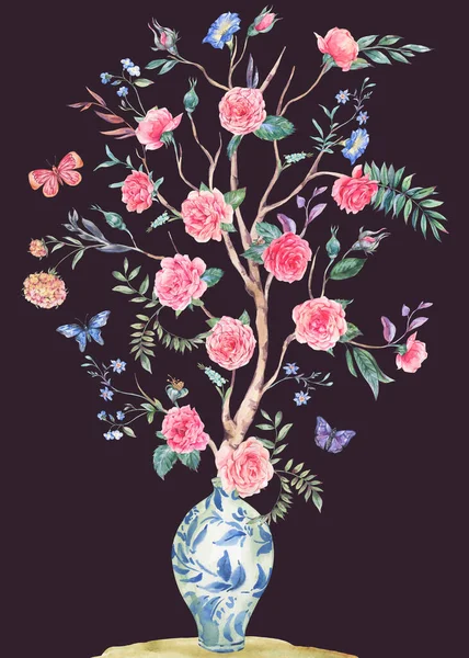 ウォーターカラーガーデンバラの花束 開花木 黒に隔離された中国の青い花瓶のイラスト — ストック写真