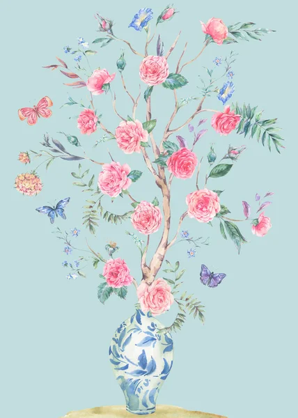 Akwarela Ogród Różany Bukiet Kwitnące Drzewo Chiński Niebieski Wazon Ilustracja — Zdjęcie stockowe