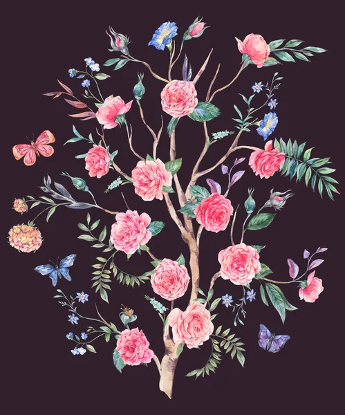 ウォーターカラーガーデンバラの花束 開花木 黒に隔離されたChinoiserieイラスト — ストック写真