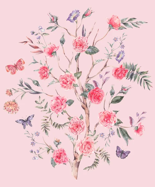 Aquarell Garten Rosenstrauß Blühender Baum Chinoiserie Illustration Isoliert Auf Rosa — Stockfoto