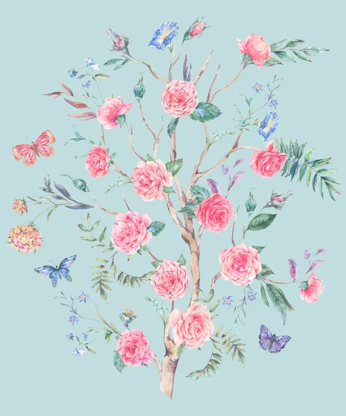 Watercolor Garden Rose Bouquet Blooming Tree Chinoiserie Illustration Isolated Blue — Stock Photo, Image