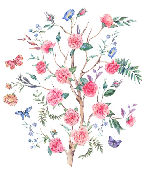 Watercolor Garden Rose Bouquet Blooming Tree Chinoiserie Illustration Isolated White — Stock Photo, Image