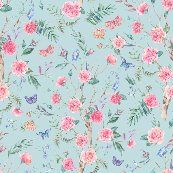 ウォーターカラーガーデンバラの花束 木のシームレスなパターンを開花 青のシノワズリー花のテクスチャ — ストック写真