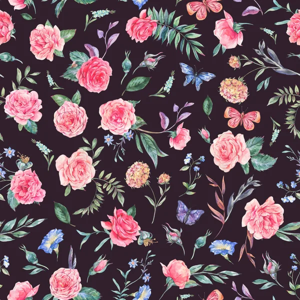 Acuarela Vintage Jardín Rosa Ramo Patrón Sin Costuras Textura Floral —  Fotos de Stock
