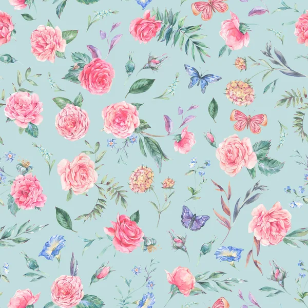 Akvarel Vinobraní Zahrada Růže Kytice Bezešvé Vzor Botanické Květinové Textury — Stock fotografie