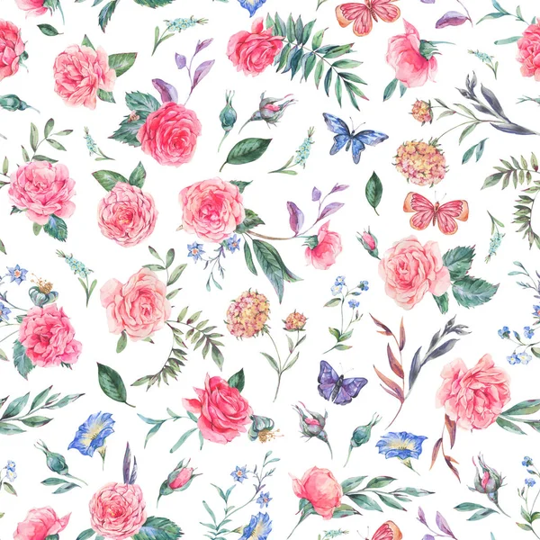 Akvarell Évjárat Kert Rózsa Csokor Zökkenőmentes Minta Botanikus Virágos Textúra — Stock Fotó