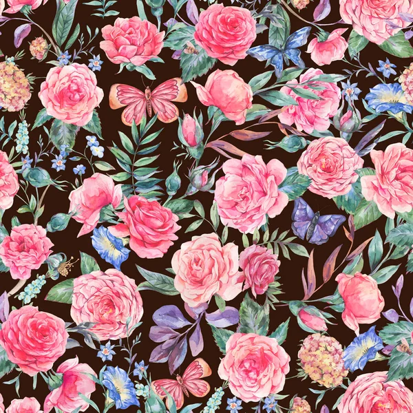 水彩ヴィンテージガーデンピンクのバラの花束シームレスなパターン 黒の植物の花のテクスチャ — ストック写真