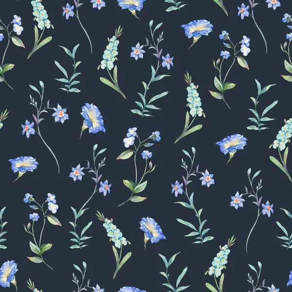 Akwarela Vintage Malutkie Niebieskie Dzikie Kwiaty Bezszwowy Wzór Botaniczne Kwiatowe — Zdjęcie stockowe