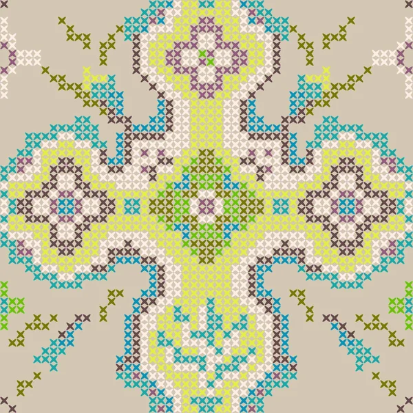Floral Vintage Green Cross Stitch Green Tribal Seamless Pattern — Stock Vector