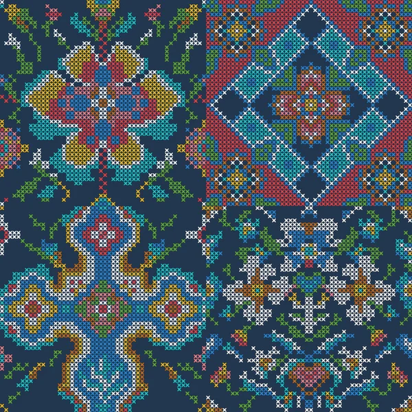 Floral Vintage Cross Stitch Tribal Nahtloses Muster Auf Marineblau — Stockvektor