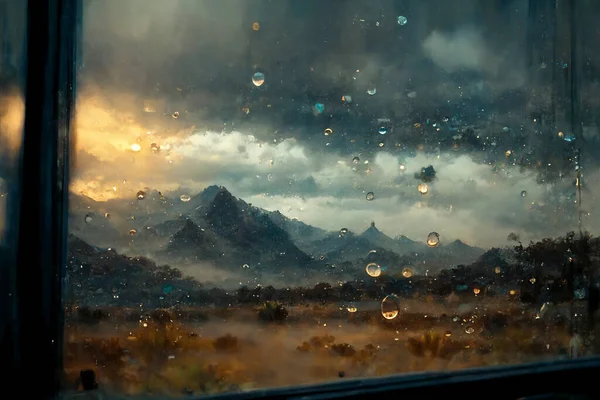 Misty window with rain drops blurred background, Mountains rainy view window AI Generated