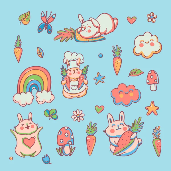 Cute Doodle Bunny Rainbow Greeting Card Funny Characters — 스톡 벡터