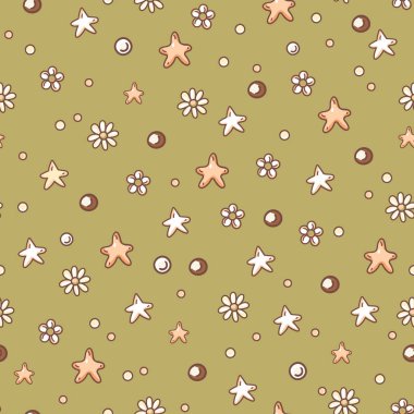 Cute muted doodle blue star and daisy flowers seamless pattern, cartoon nursery texture