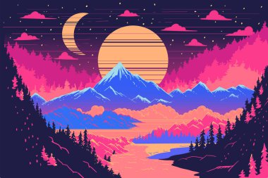 Forest  vintage night mountains landscape, 90's , 80's neon pink colors