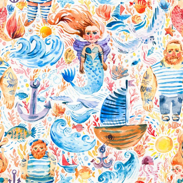 Cute Marine Watercolor Seamless Pattern Mermaids Sailors Ships Summer Texture — Stockfoto