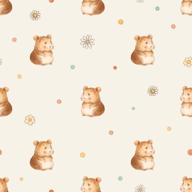 Cute vintage hamsters on vacation seamless pattern, watercolor whimsical texture in neutral colors