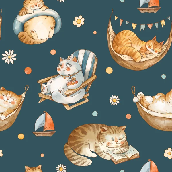 Cute vintage cats on vacation seamless pattern, watercolor whimsical texture on navy blue