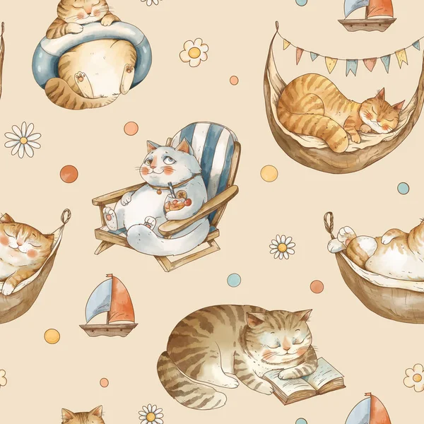 Cute vintage cats on vacation seamless pattern, watercolor whimsical texture in neutral colors