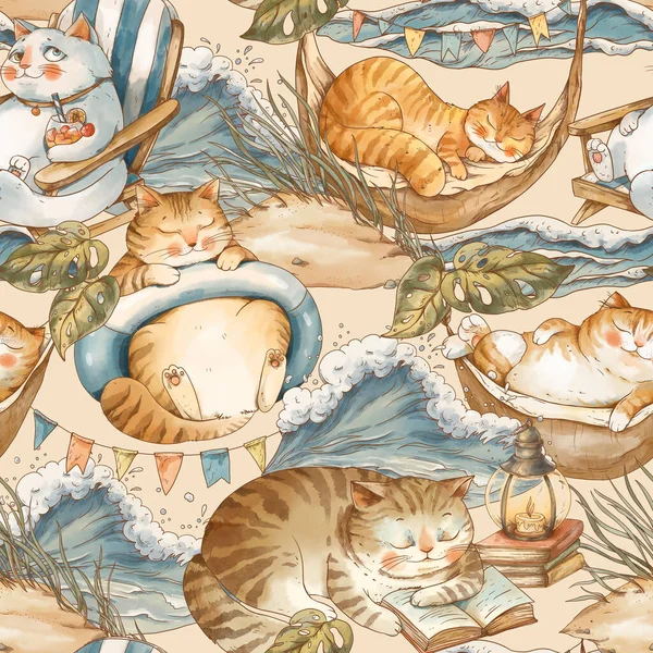 Cute Vintage Cats Vacation Seamless Pattern Watercolor Whimsical Texture Neutral — Stock Photo, Image