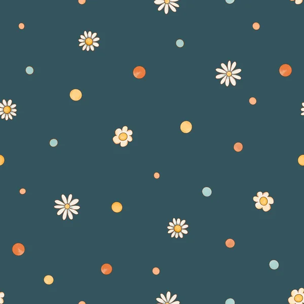 Cute Daisy Flowers Summer Seamless Pattern Colorful Polka Dots Watercolor — Stockfoto