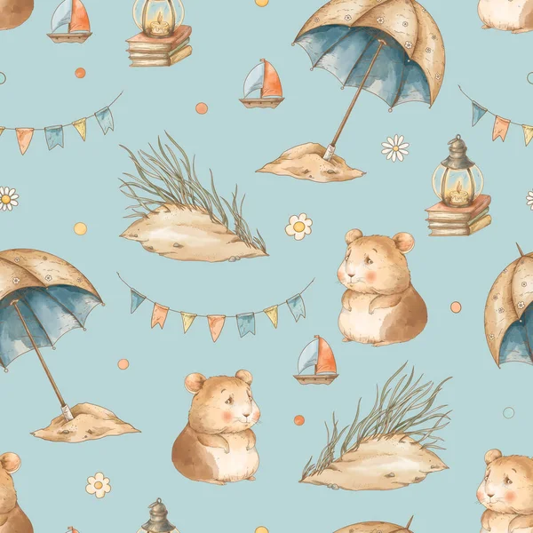 Cute Vintage Hamsters Vacation Seamless Pattern Watercolor Whimsical Texture Neutral — Stock Photo, Image