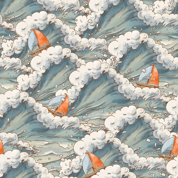 Cute vintage ocean waves cartoon ship seamless pattern, watercolor whimsical sea texture in neutral colors