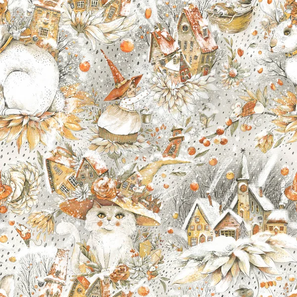 Cute Vintage Magic Garden Nahtlose Muster Winter Weihnachten Skurrile Textur — Stockfoto