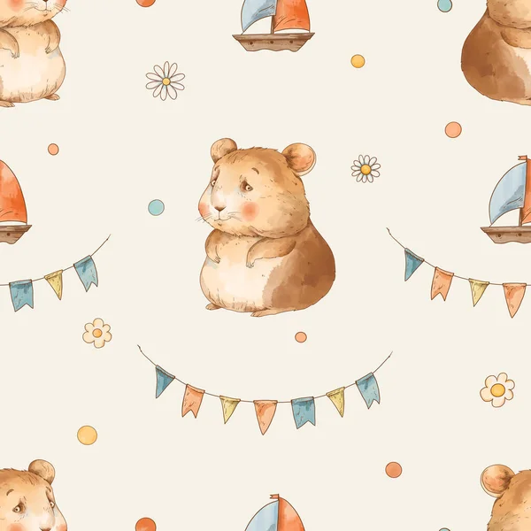 Cute Vintage Hamsters Vacation Seamless Pattern Watercolor Whimsical Texture Neutral — Stock Photo, Image