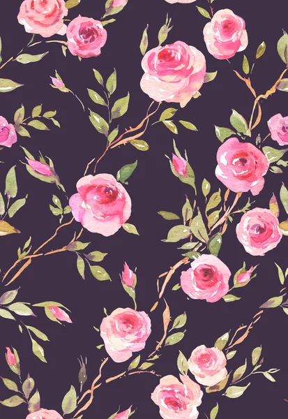 Акварельні Вінтажні Садові Троянди Безшовний Візерунок Чорній Ботанічній Текстурі — стокове фото