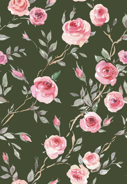 Akvarell Évjárat Kerti Rózsák Zökkenőmentes Minta Zöld Botanikai Textúra — Stock Fotó