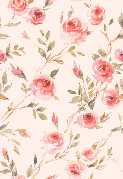 粉红色 植物质感的水彩艳丽的园林玫瑰无缝图案 — 图库照片