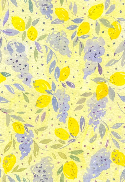 Acuarela Abstracta Floreciendo Flores Glicina Con Limones Patrón Amarillo Sin — Foto de Stock