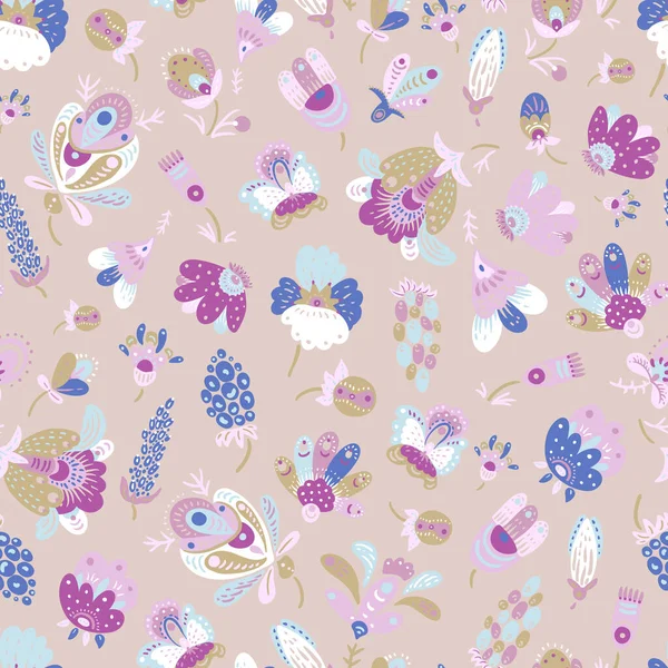 Boho Fantasy Flowers Seamless Pattern Folk Floral Texture Pink Colors — Stock Vector