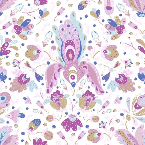 Boho Fantasie Blumen Nahtlose Muster Volkstümliche Florale Textur Rosa Farben — Stockvektor