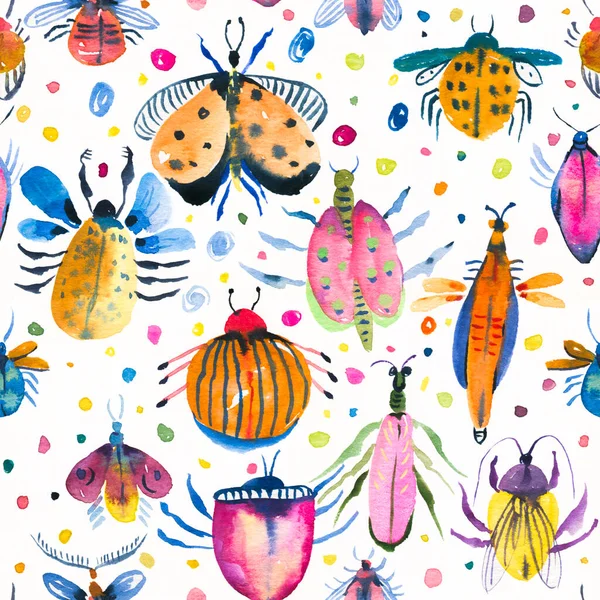 Ljusa Bug Doodles Sömlösa Mönster Akvarellskalbaggar Med Blommiga Läckerheter — Stockfoto