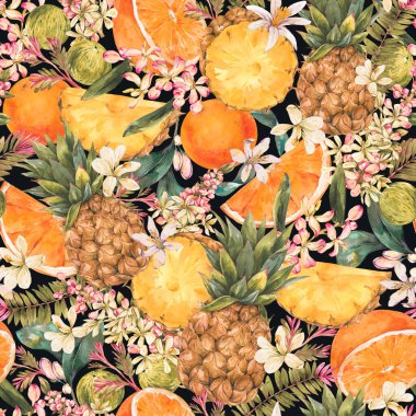 Suluboya Klasik Tropikal Yaz Meyvesiz Desen, Turuncu ve Ananas