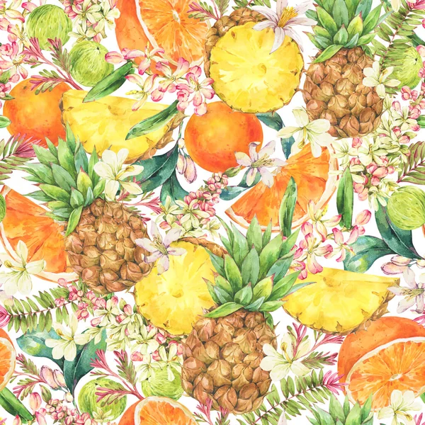 Padrão Sem Costura Frutas Tropicais Vintage Verão Aquarela Laranja Abacaxi — Fotografia de Stock